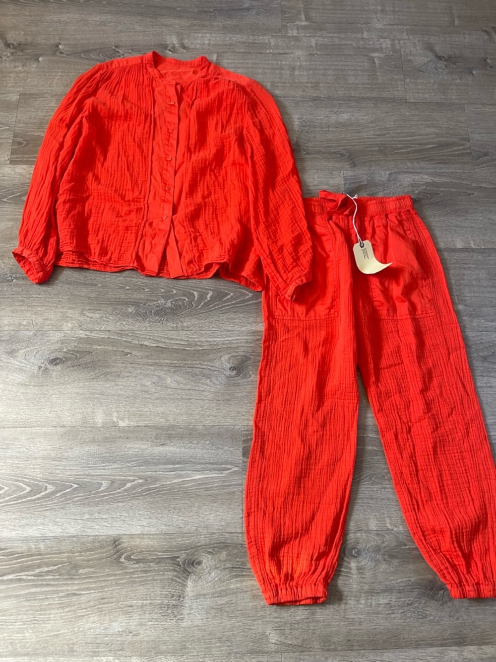 Raquel Allegra Women's 2-Piece Set Tomato Orange Gauze Cameroon Pant Blouse Sz O